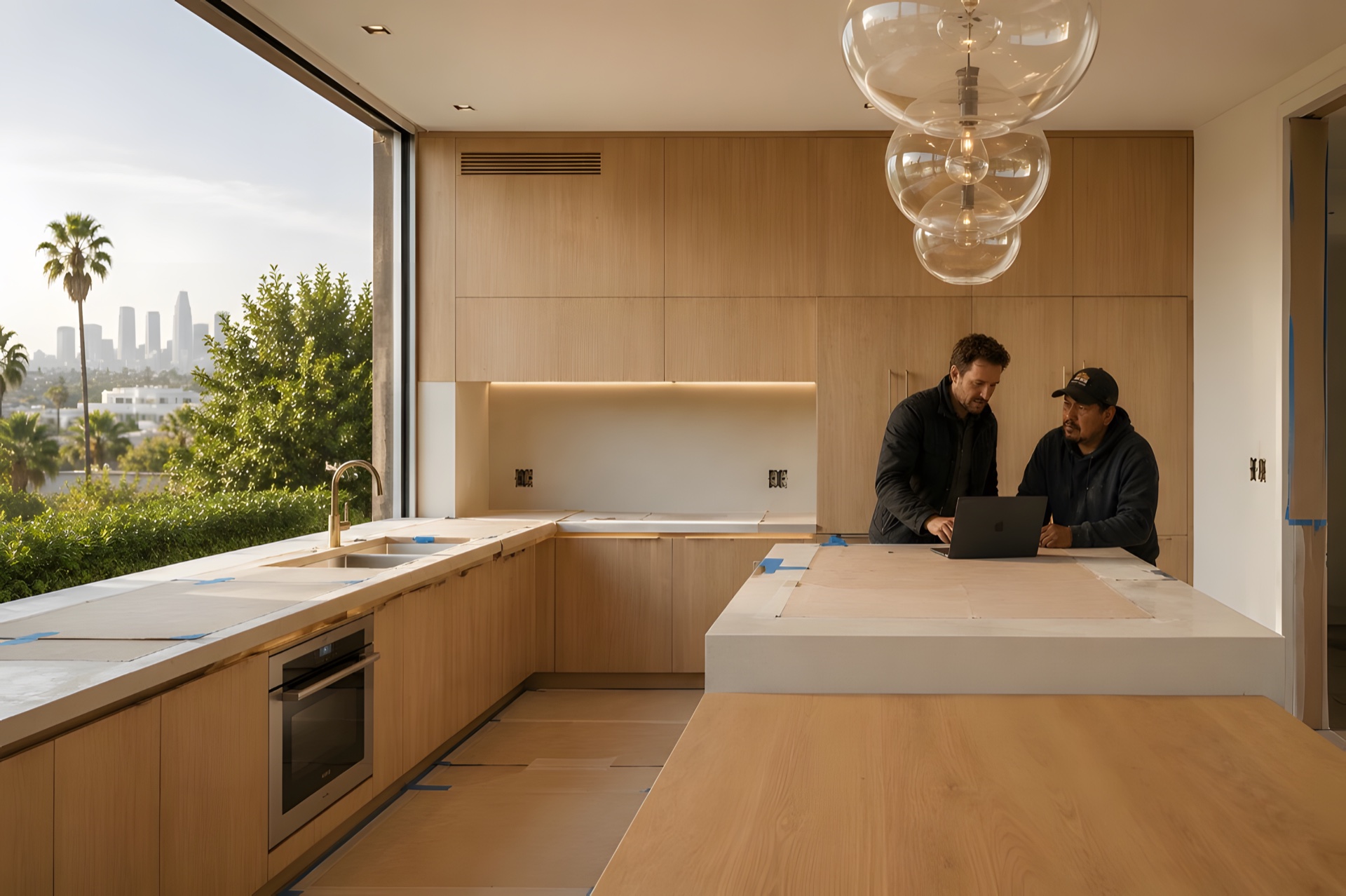 Remodeling team reviewing plans in a high-end kitchen under renovation