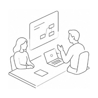 Two people reviewing a workflow diagram on a laptop